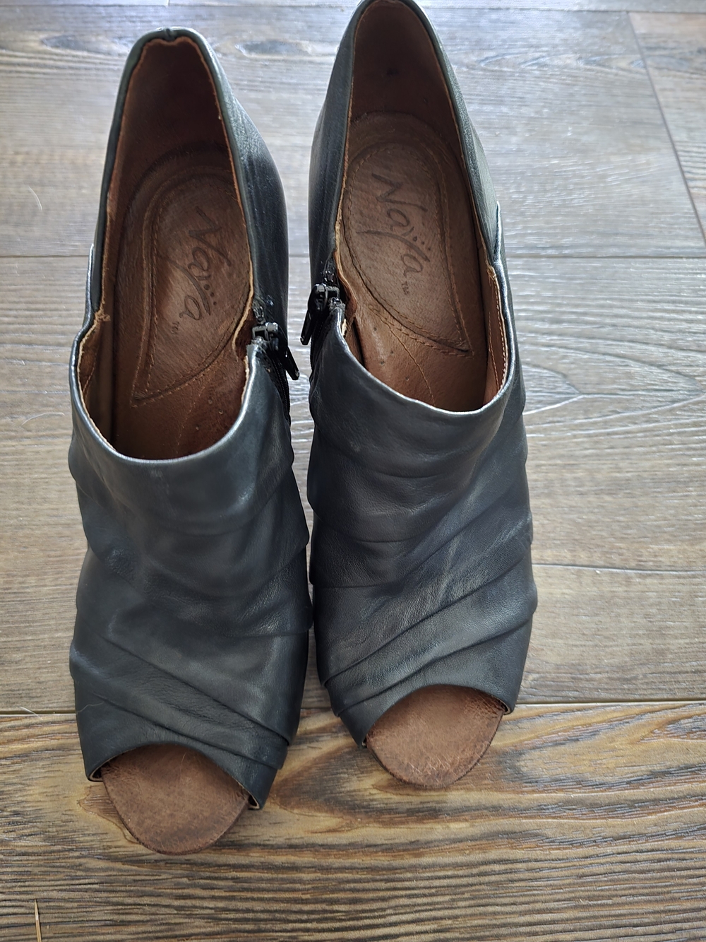 Naya Black Leather Peep-Toe Ankle Shoes